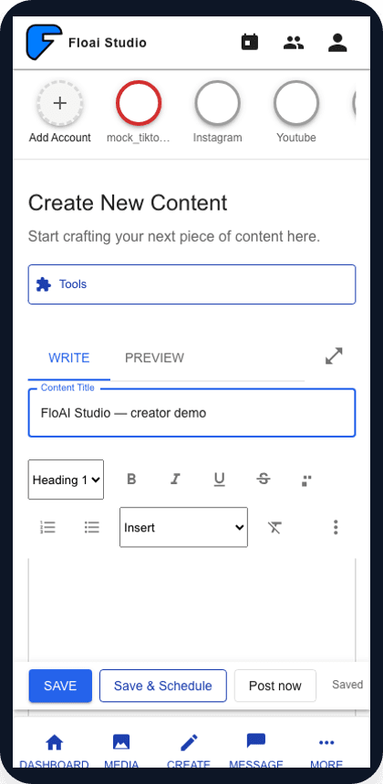 FloAI Create on mobile — composer and connected accounts